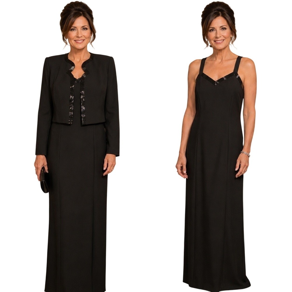 Karen Miller Black Jeweled Sleeveless Maxi Dress and Jacket Set Size 8 Evening